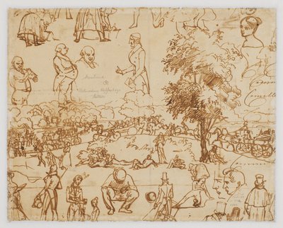 Landschaft mit Pferdewagen und zahlreichen Figurenskizzen door Wilhelm Marstrand