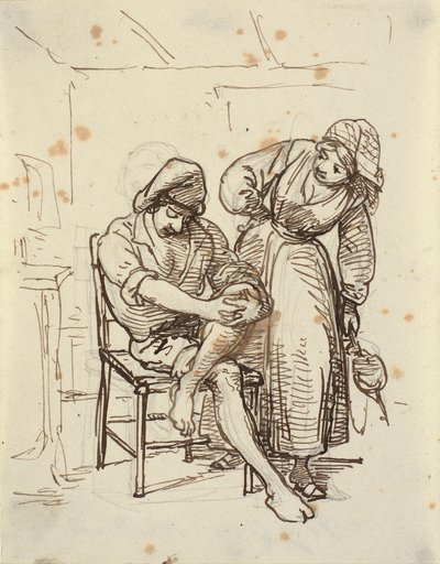 Meisje kijkt naar een jonge visser die op een stoel zit door Wilhelm Marstrand