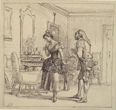 Rosina geeft Figaro de brief aan graaf Almaviva (De barbier van Sevilla) door Wilhelm Marstrand