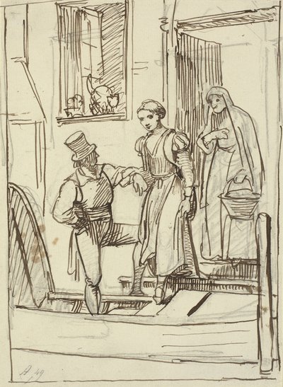 Jong meisje en oude vrouw geholpen door een man in een gondel door Wilhelm Marstrand