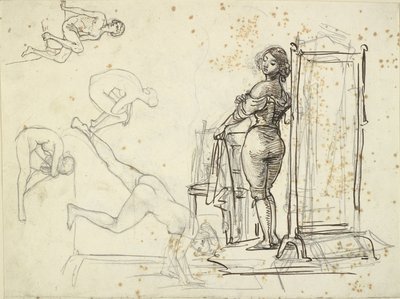 Jong meisje bij het aankleden en vier modelstudies door Wilhelm Marstrand