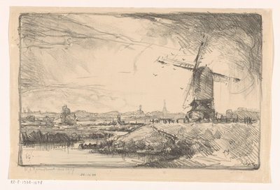 Landschap met molen bij Leiden door Willem Adrianus Grondhout (signed by artist)