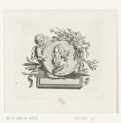 Buste van Homerus op medaillon door engeltje vastgehouden en met bloemen en palmtakken versierd door Willem Bilderdijk