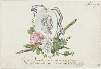Vignet met bloemen, portretmedaillon en lint door Willem Bilderdijk
