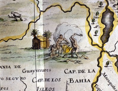 Brazilië. Kannibalen die een man met een bijl voorstellen. Detail van een kaart van de Atlas van W. Blaeu door Willem Blaeu