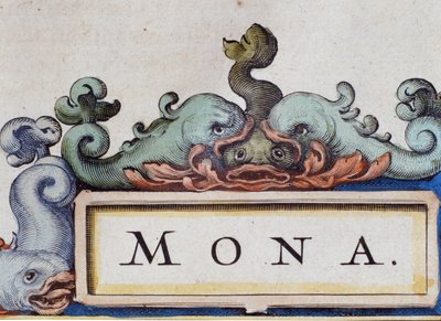 Dolfijnen, frontispice in Roquaille-stijl. Detail van Atlas di W. Blaeu, Amsterdam 1650 door Willem Blaeu