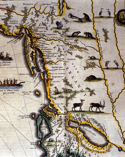 Geografische kaart van de 17e-eeuwse Nederlandse Atlas door Wilhelm Blaeu (1571-1638) met Amerikaanse en Canadese gebieden. Het noorden is onder volgens middeleeuwse gewoonte. door Willem Blaeu