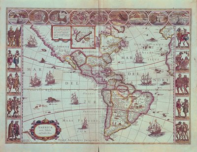 Bord met de kaart van Zuid-Amerika door Willem Blaeu