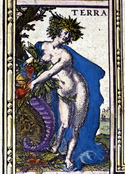 De Aarde, een van de vier elementen vertegenwoordigd in de Atlas van W. Blaeu gedrukt in Amsterdam in 1655. door Willem Blaeu
