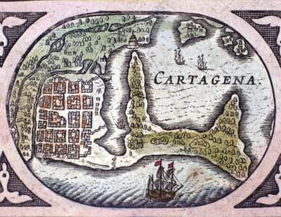 Uitzicht op Cartagena in Colombia (Zuid-Amerika). Detail van een kaart van de Atlas 