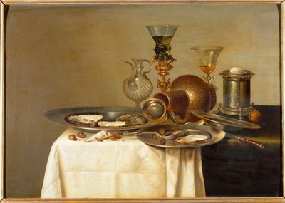 Bekers en oesters (olieverf op eikenhout) door Willem Claesz. Heda
