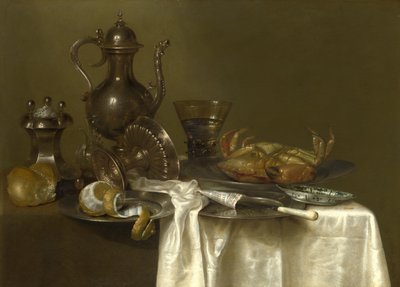 Stilleven: tinnen, zilveren vaten en een krab, ca. 1636 door Willem Claesz. Heda