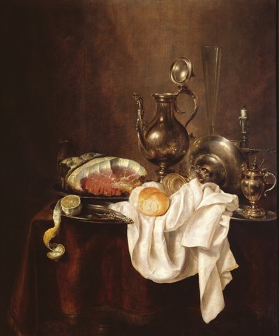Stilleven van ham en zilveren bord door Willem Claesz. Heda