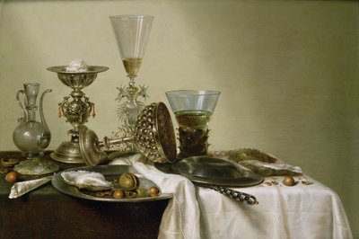 Stilleven met oesters en noten door Willem Claesz. Heda