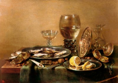 Stilleven met oesters, citroen, glas en gouden servies door Willem Claesz. Heda