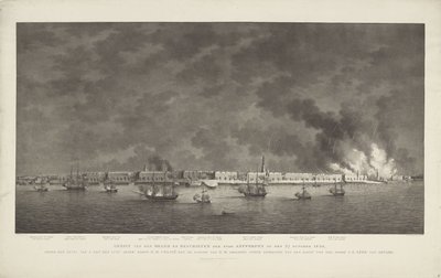 Gezicht van de brand en beschieting van de stad Antwerpen op 27 oktober 1830 door Willem Hendrik Hoogkamer
