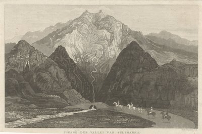 Reizigers in een berglandschap door Willem Hendrik Hoogkamer