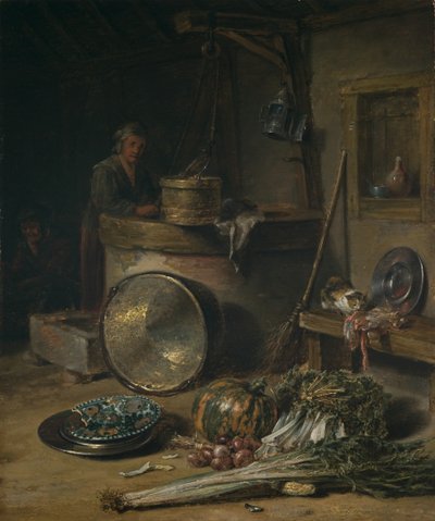 Boereninterieur met vrouw bij een waterput, ca. 1642-43 (olieverf op paneel) door Willem Kalf