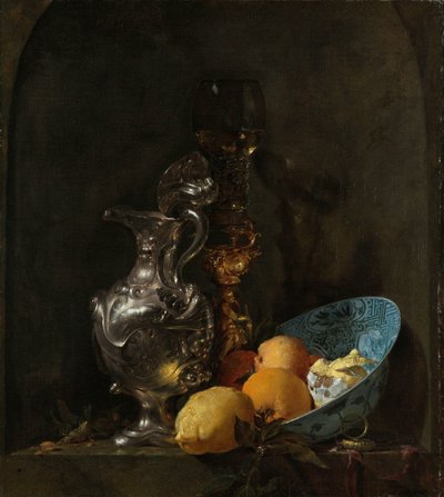 Stilleven met een zilveren kan en een porseleinen kom door Willem Kalf