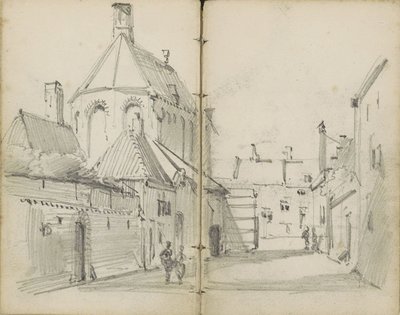 Dorpsstraat met een kerk en figuren door Willem Koekkoek