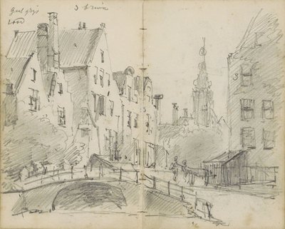 Stadsgezicht met een brug over een gracht en een kerktoren door Willem Koekkoek