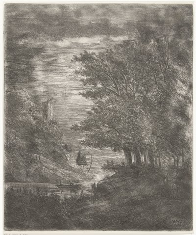 Heuvellandschap met ruïne en bootje op water bij maanlicht door Willem Matthias Jan van Dielen
