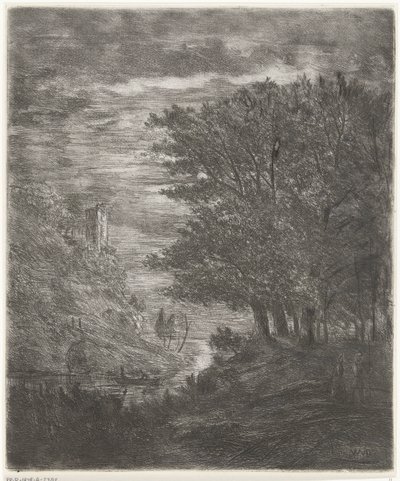Heuvellandschap met ruïne en bootje op water bij maanlicht door Willem Matthias Jan van Dielen