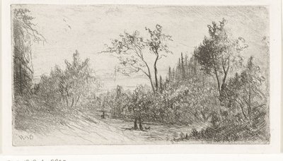 Heuvellandschap met wandelaars en hond bij bosrand door Willem Matthias Jan van Dielen