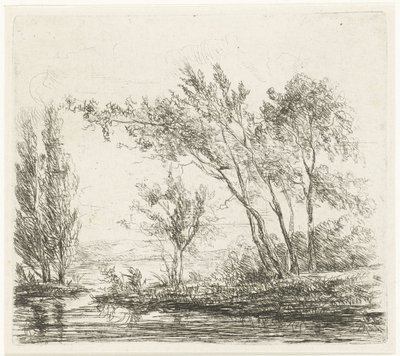 Landschap met bomen aan water door Willem Matthias Jan van Dielen