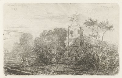 Landschap met ruïne en twee figuren door Willem Matthias Jan van Dielen