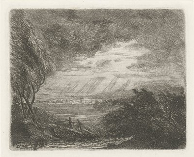 Landschap met twee figuren bij storm en regen door Willem Matthias Jan van Dielen