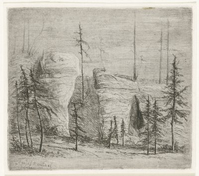 Rotslandschap met naaldbomen, de zogenaamde Teufelkanzel Teufelkantzel Baxen (title on object) door Willem Matthias Jan van Dielen