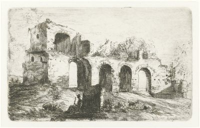 Zuidelijk landschap met ruïne en herder met vee door Willem Matthias Jan van Dielen