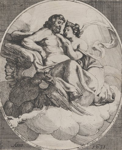 Jupiter en Juno zittend op wolken, met een adelaar die bliksemschichten vasthoudt linksonder, 1631 door Willem Panneels