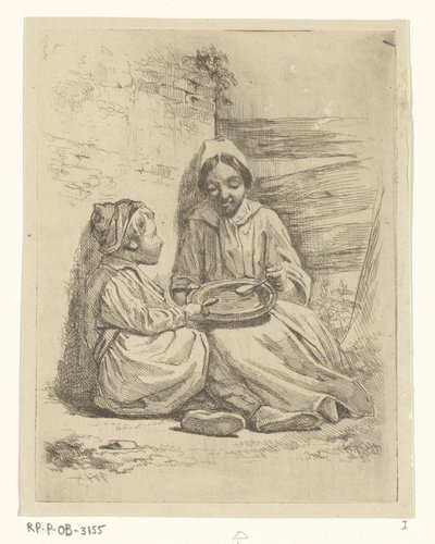 Meisje en een jongen uit een bord lepelend door Willem Pieter Hoevenaar