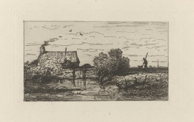 Gezicht op een boerderij aan het water door Willem Roelofs (I)