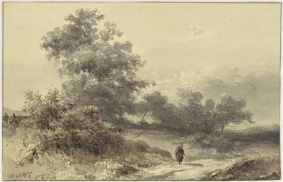 Landschap met bossage en een figuur op een landweg door Willem Roelofs (I)