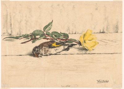 Dode putter liggend naast een roos door Willem Roelofs (II) (signed by artist)