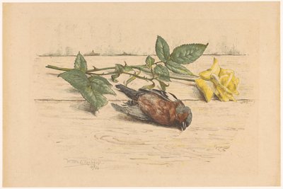 Dode vink liggend naast een roos door Willem Roelofs (II) (signed by artist)