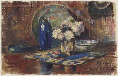 Stilleven met blauwe fles en vaas met bloemen door Willem Roelofs (II)