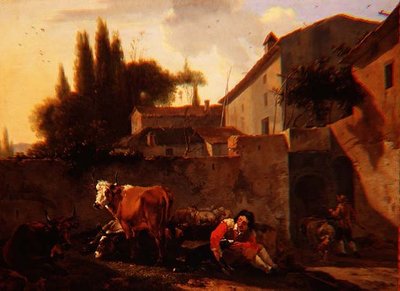 Een herder en vee in de binnenplaats van een Italiaanse boerderij door Willem Romeyn