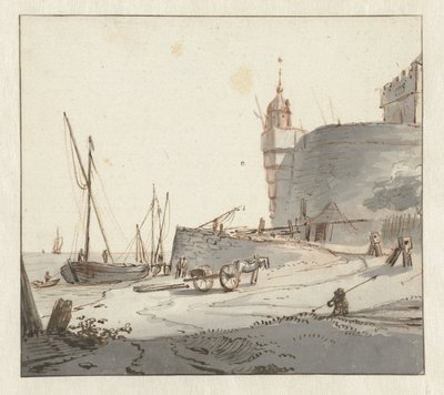Gezicht op een haven bij een stadsmuur door Willem Schellinks