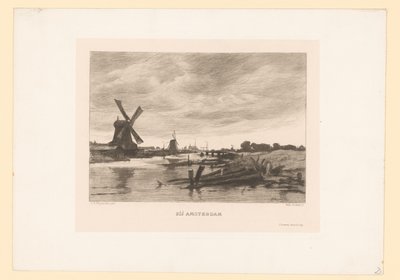 Landschap met molens langs een vaart Bij Amsterdam (titel op object) door Willem Steelink (II)