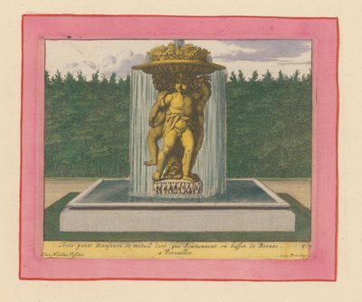 Brunnen mit einer Statue von drei tanzenden Putti, die eine Schale über ihren Köpfen tragen door Willem Swidde