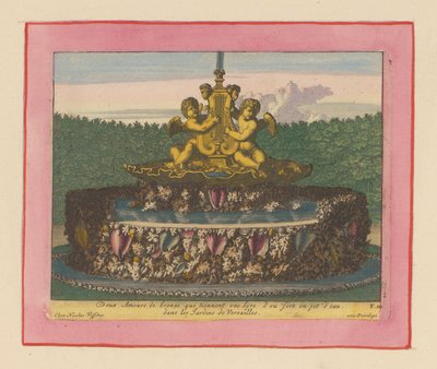 Brunnen mit einer Statue von zwei geflügelten Putti, die eine Leier tragen door Willem Swidde