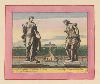 Statuen einer Nymphe mit Lorbeerkranz und einer Tänzerin door Willem Swidde