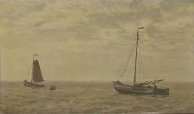 Zeegezicht met vissersboten door Willem Tholen