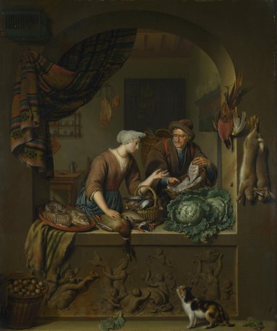Een vrouw en een visverkoper in een keuken, 1713 door Willem Van Mieris