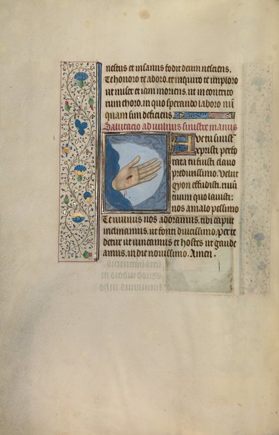 De linkerhand van Christus met wond door Willem Vrelant