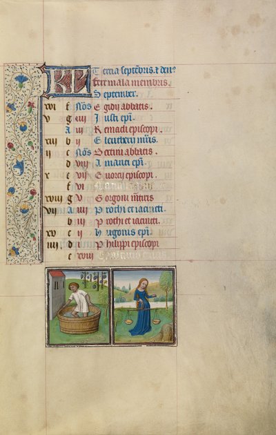 September Kalenderblad; Wijn maken; Weegschaal door Willem Vrelant